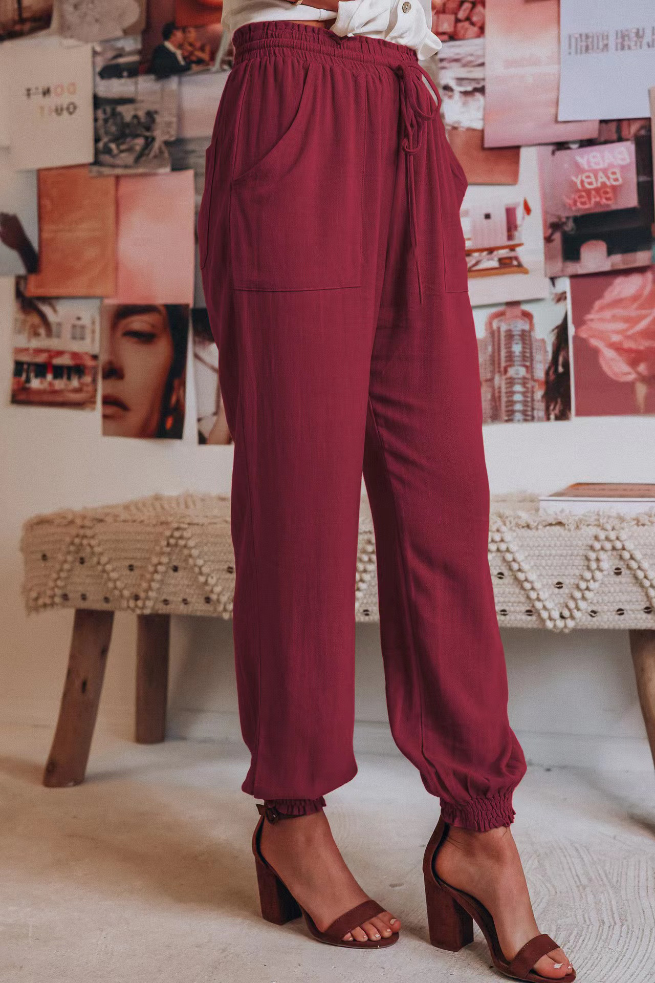 2025 Solid color casual drawstring elasticated waist haren pants