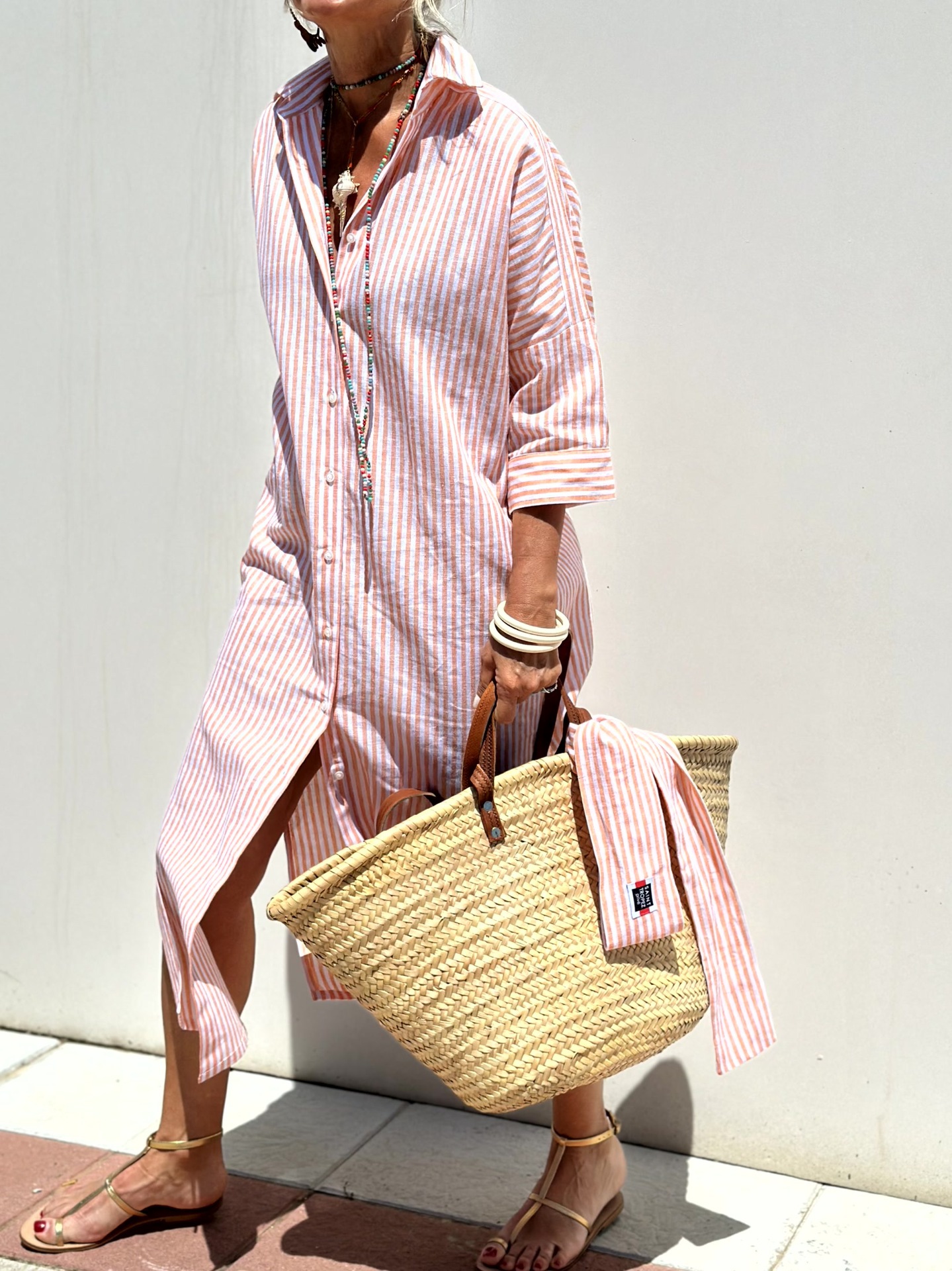 Three-Quarter Sleeve Striped Slit Shirt Dress