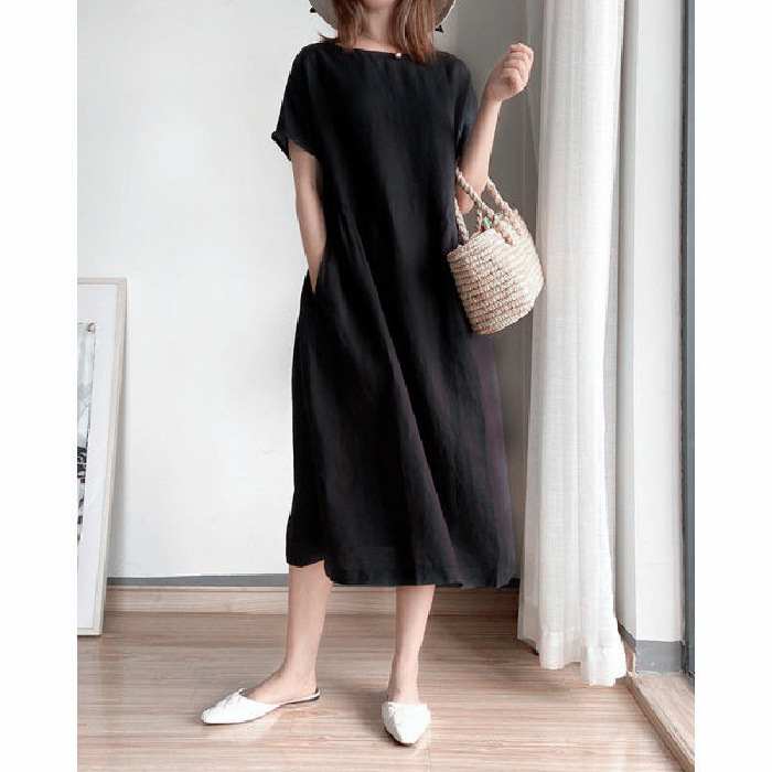 Solid Color Cotton Linen Loose Mid-Length Dress