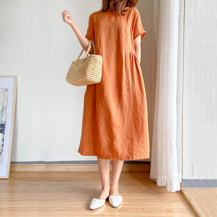 Solid Color Cotton Linen Loose Mid-Length Dress