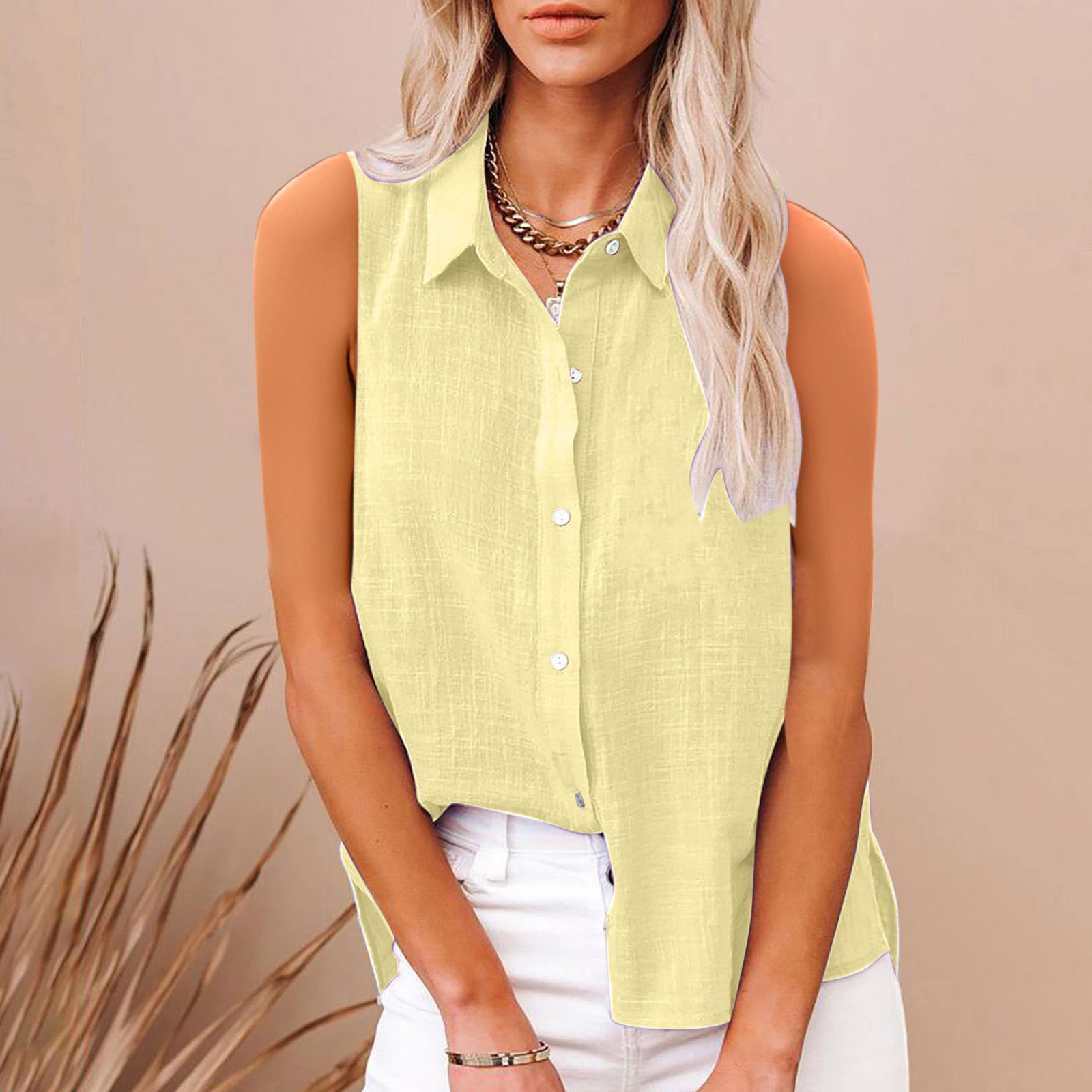 Cotton and Linen Button-Down Sleeveless Shirt