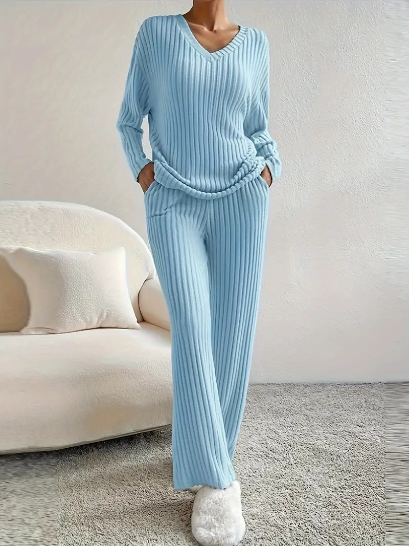 2026 Autumn/Winter Casual Home Fashion V-neck Ribbed Straight Leg Pants Two-Piece Set