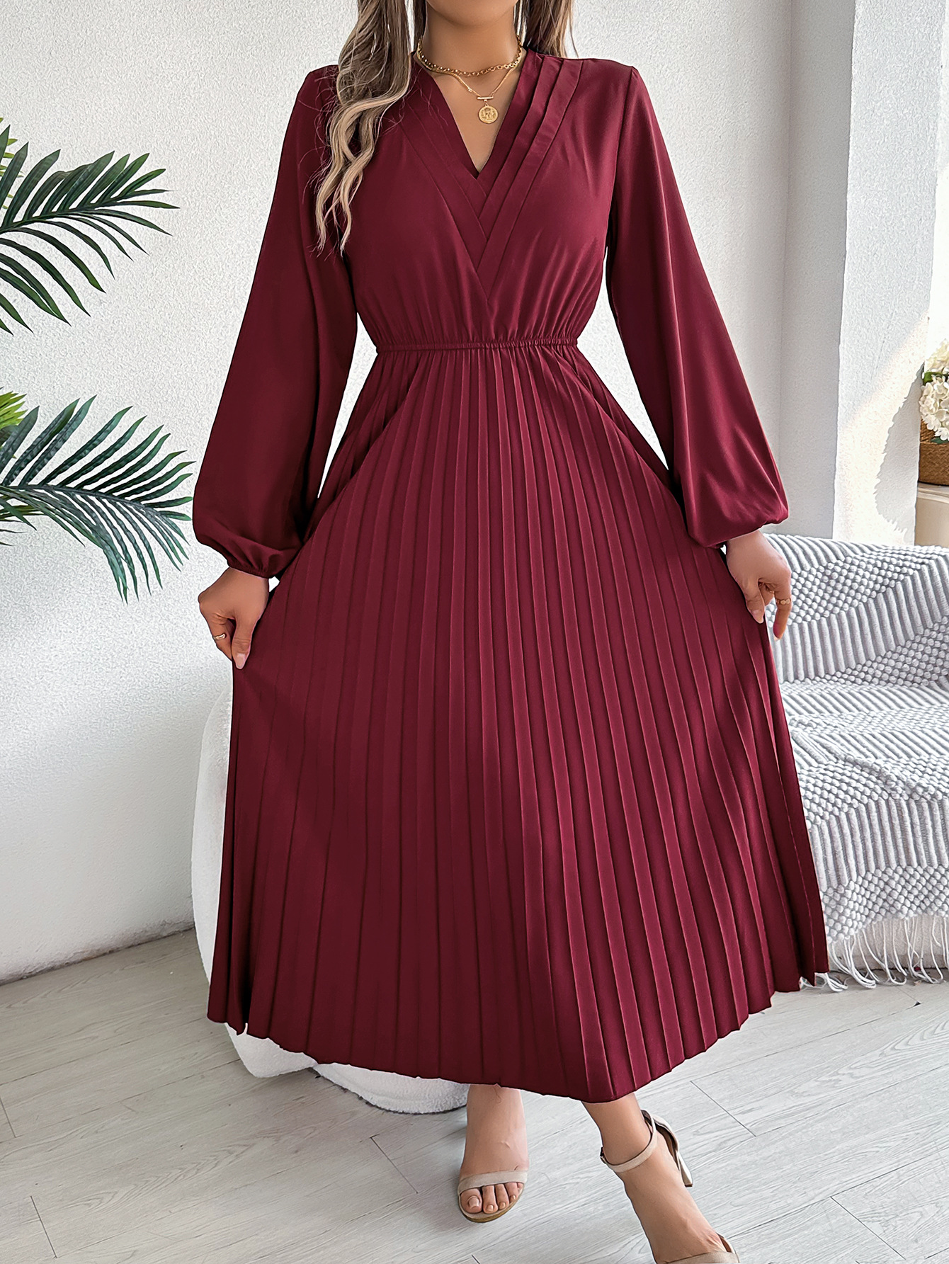 🎄Christmas Clearance Elegant triple V-neck long sleeve pleated long sleeve