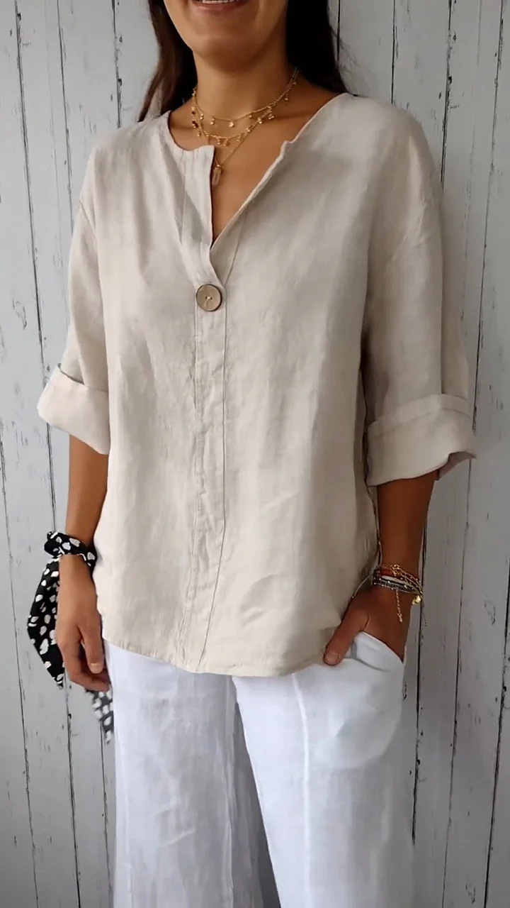 Women's V-Neck Cotton And Linen Button Top