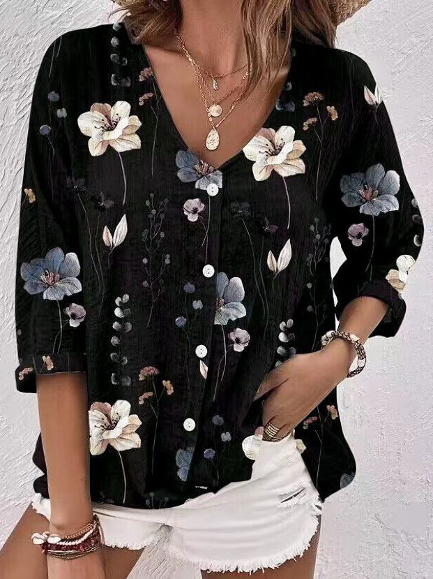 V-neck button-down chiffon printed long-sleeved cardigan