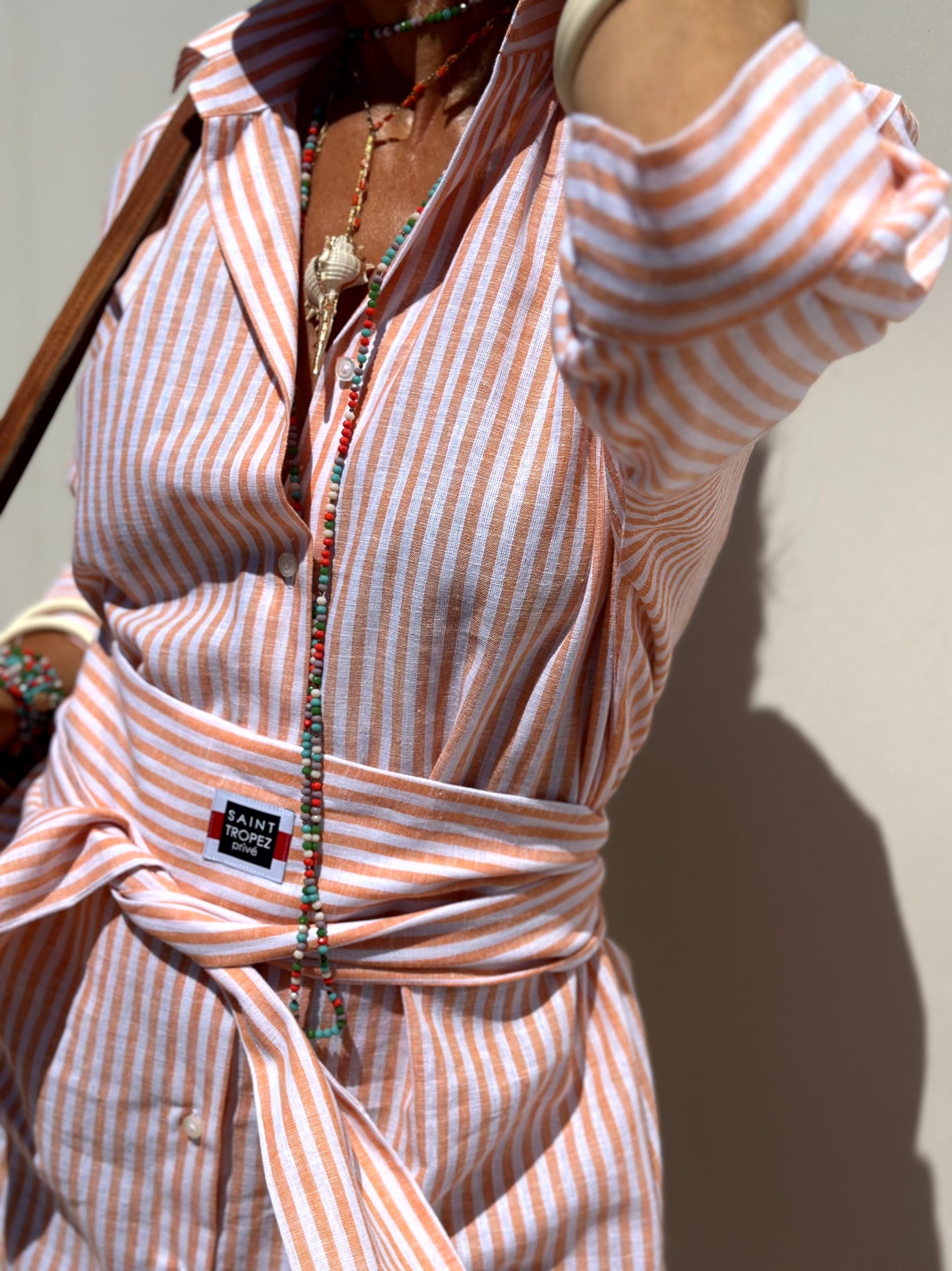 Three-Quarter Sleeve Striped Slit Shirt Dress