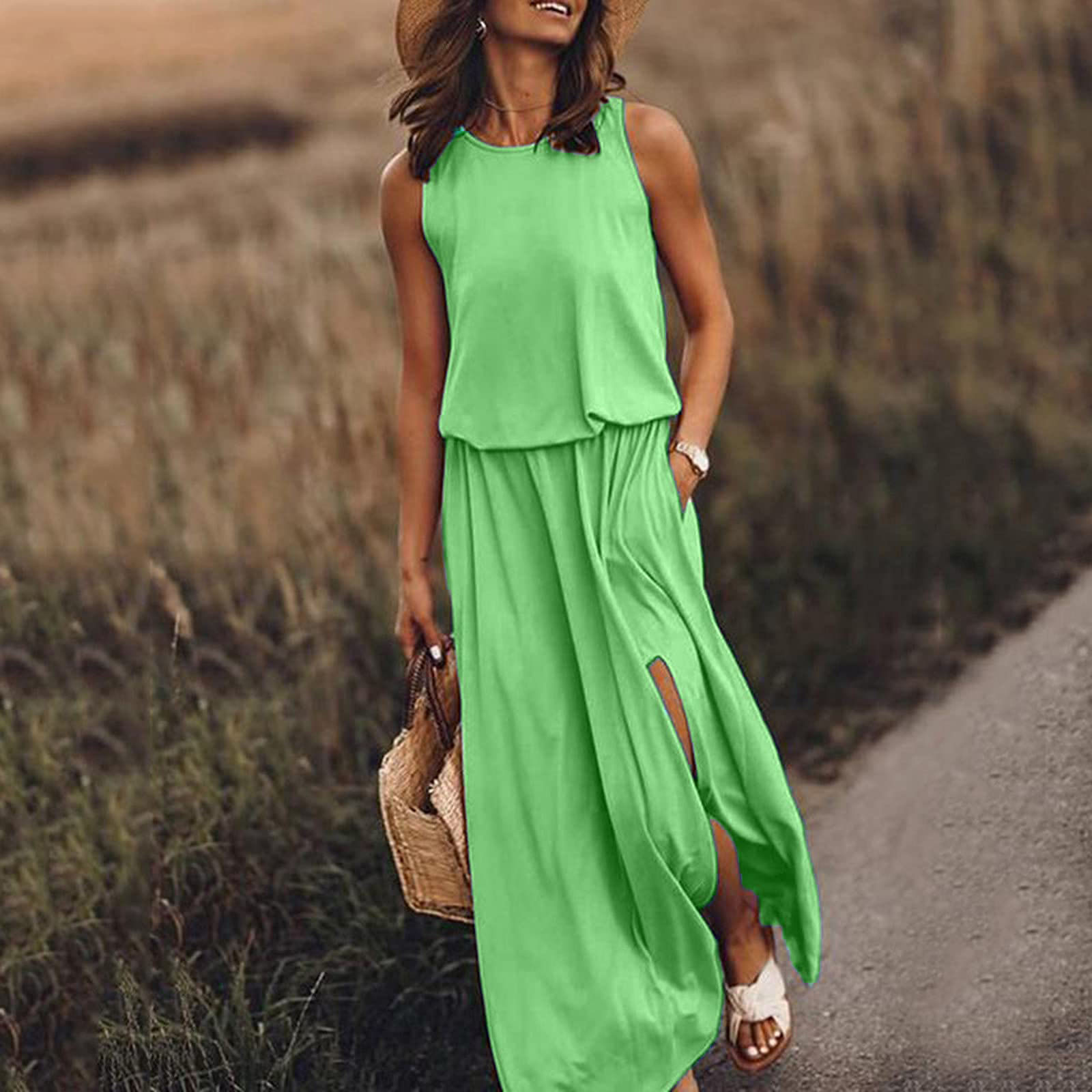 Round-Neck Sleeveless Slit Dress
