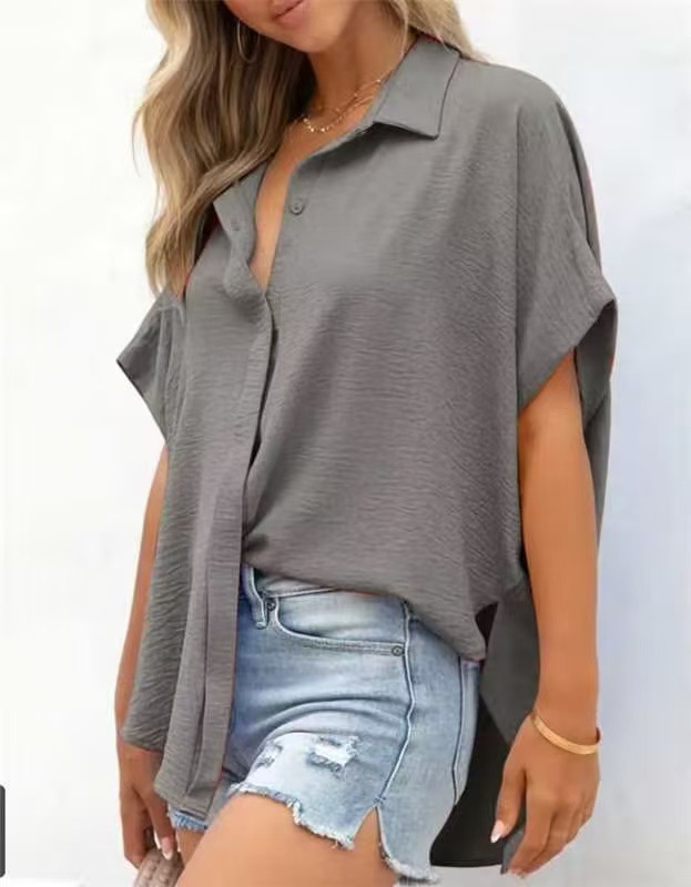 2025 new solid color casual button short-sleeved women's shirt