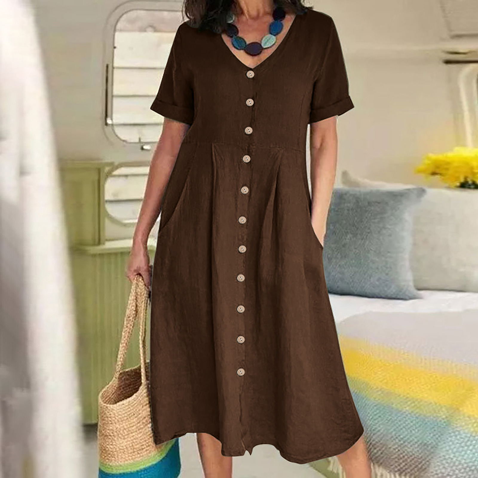 2025 New Loose Solid Color Cotton And Linen Dress