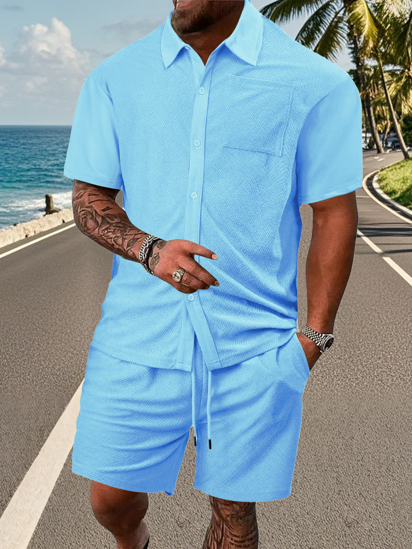 Solid Color Button-Cross Jacquard Short Sleeve Suit