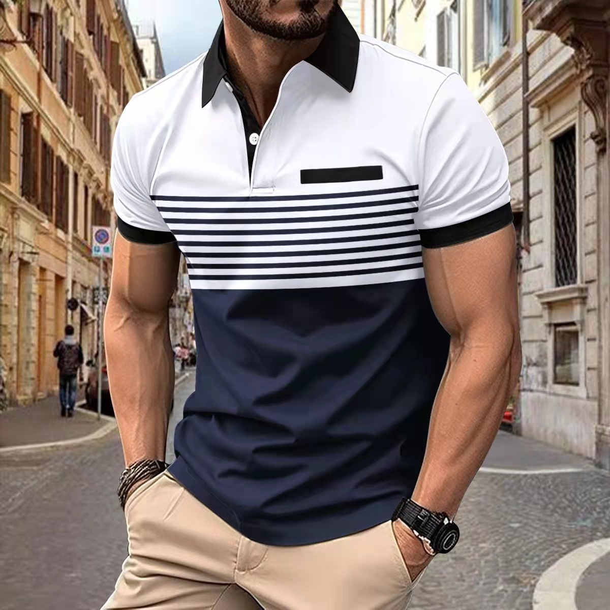 2025 V-neck striped patchwork POLO shirt