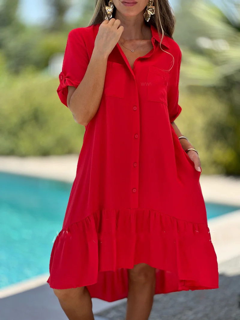 Solid Color Hemline Lapel Pocket Dress