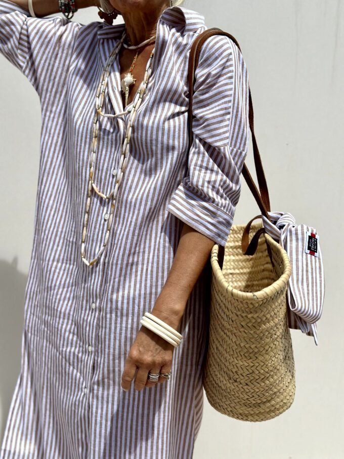 Three-Quarter Sleeve Striped Slit Shirt Dress