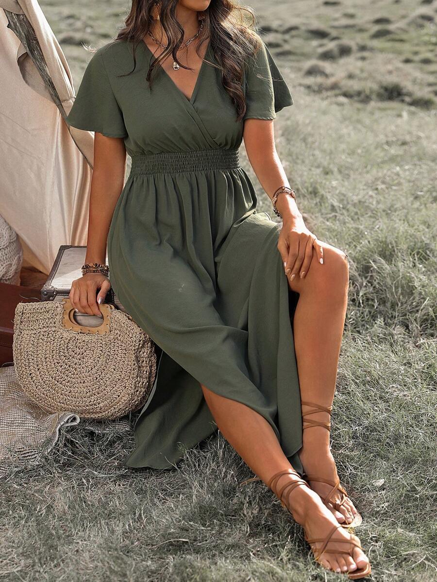 A V-Neck, Flared Sleeve And Slit Long Dress