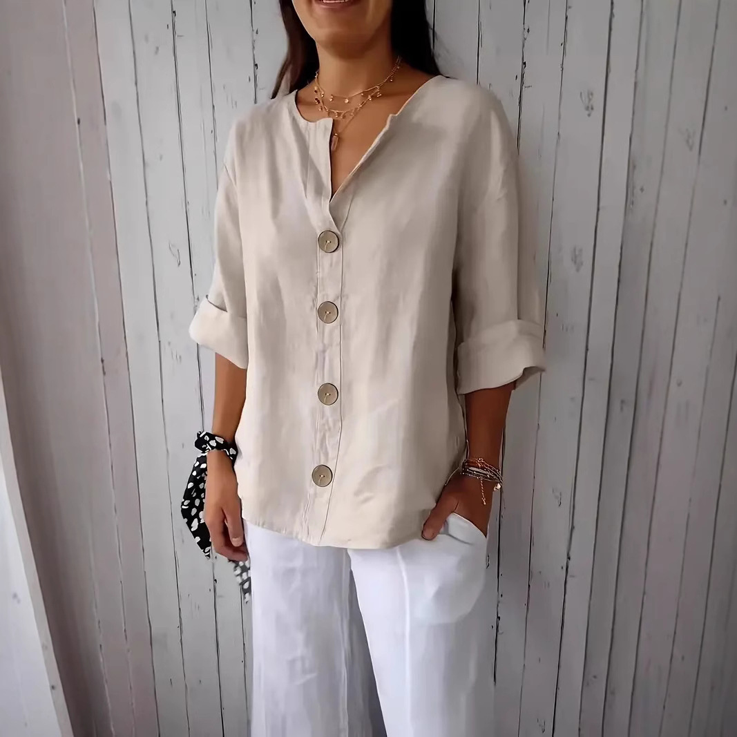 Loose V-Neck Cotton And Linen Button-Up Top