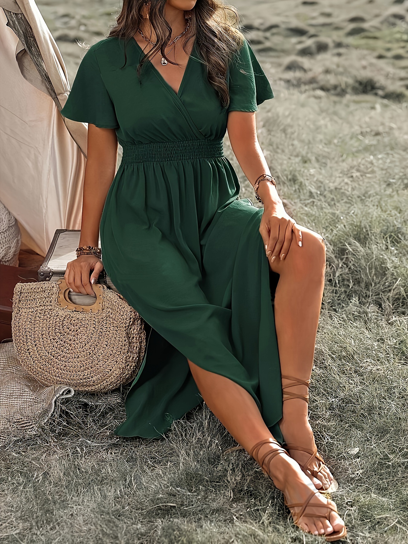 A V-Neck, Flared Sleeve And Slit Long Dress