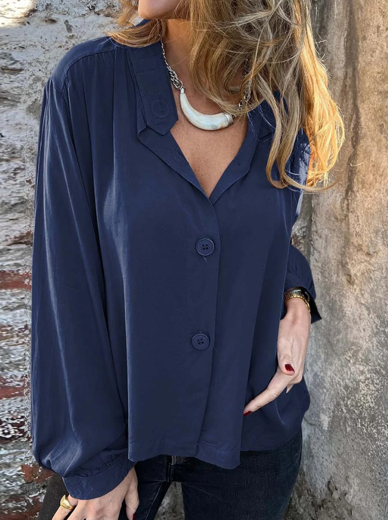 Stand Collar Linen Long Sleeved Shirt With Large Buttons