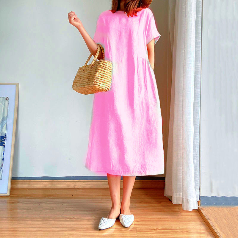 Solid Color Cotton Linen Loose Mid-Length Dress