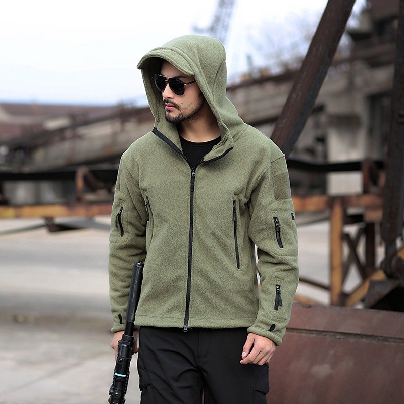 Men's outdoor warm lining fleece jacket men's cold-proof warm hooded jacket solid color hooded jacket