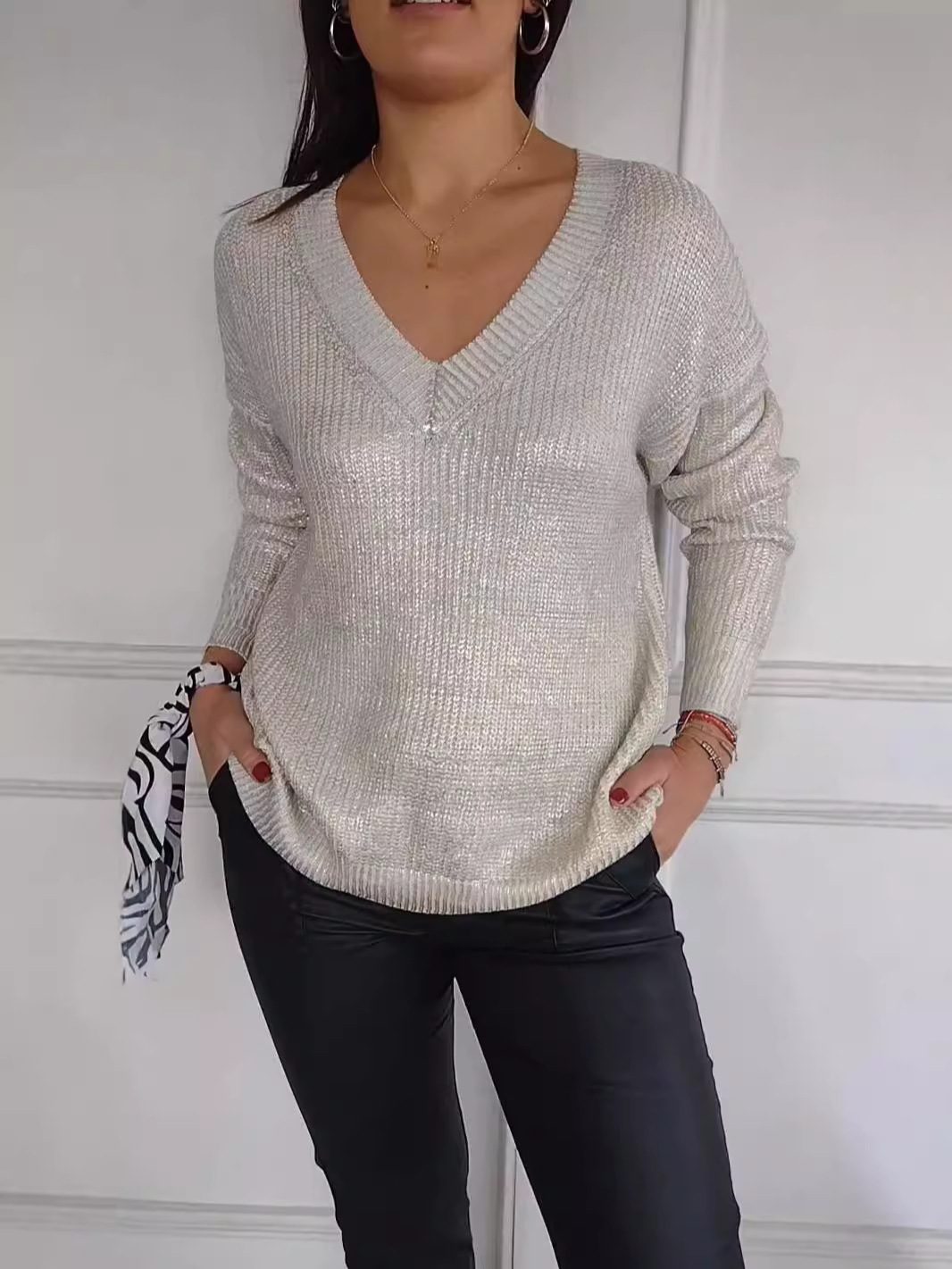 Women's knitted V-neck casual mercerized pullover sweater