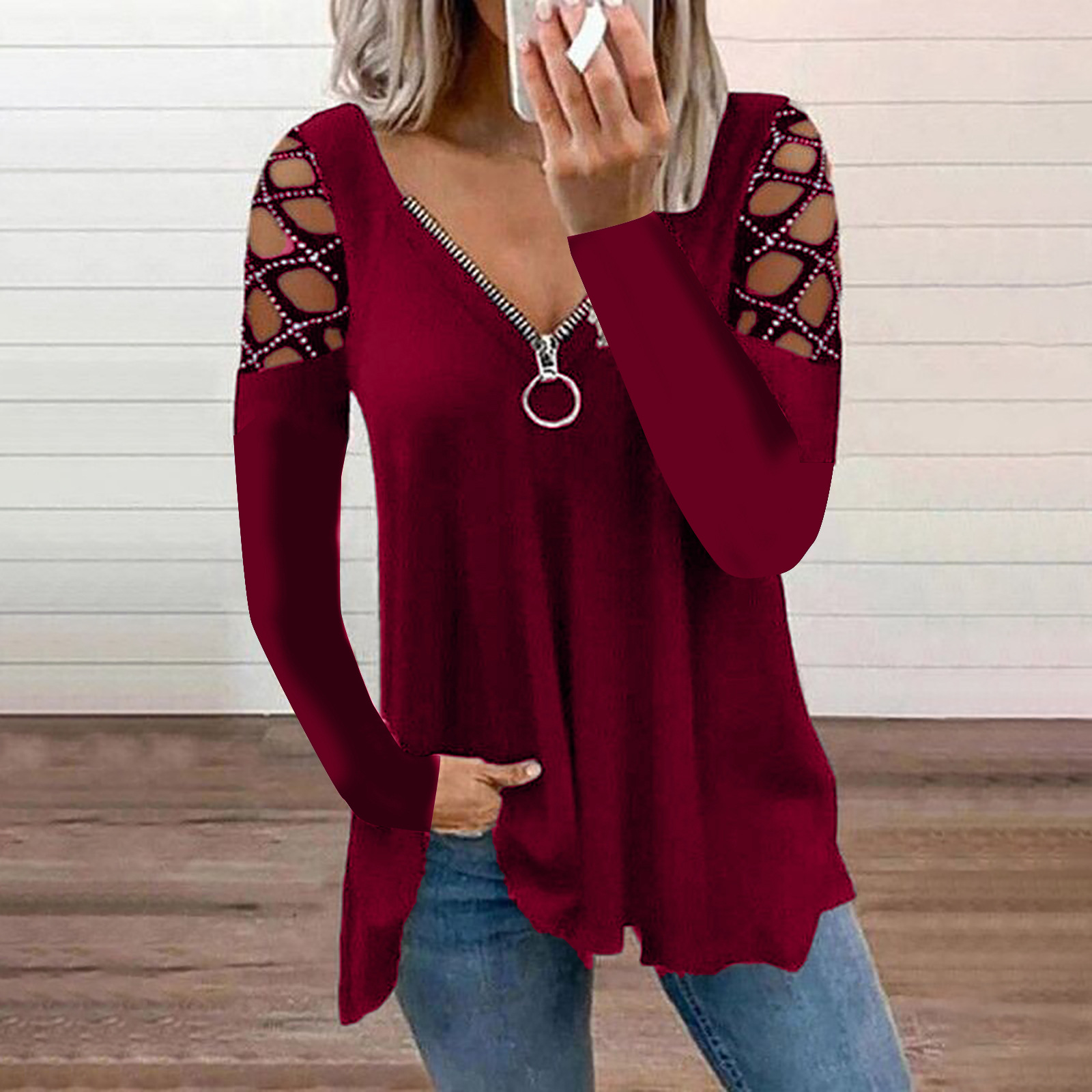2024 Explosive V-neck solid color hollow sleeve casual top