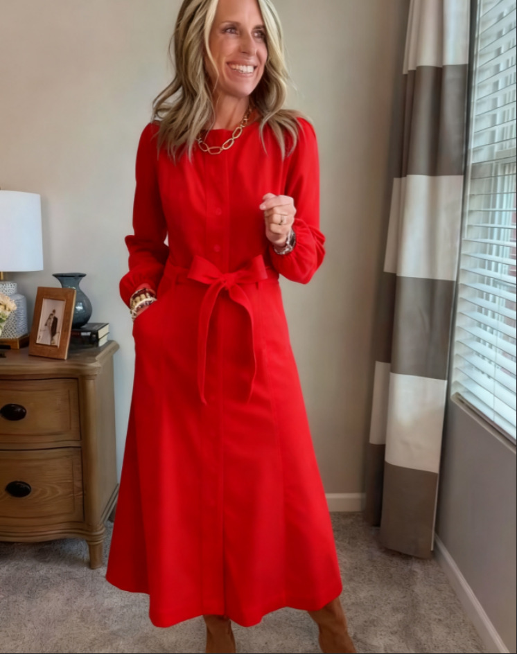 2025Loose-fitting casual round neck corduroy belted pocket cardigan dress for women