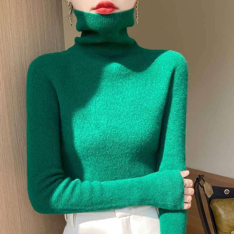 Ready-To-Wear Turtleneck Bottoming Shirt Seamless Striped Autumn And Winter One-Line Sweater New Pile Collar Women'S Sweater Slim Gray