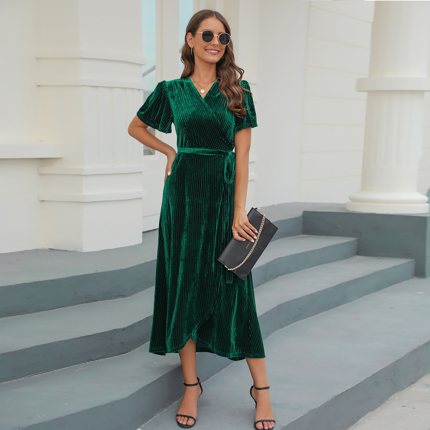 Christmas plus-size split lace pit-striped canary mid-length dress