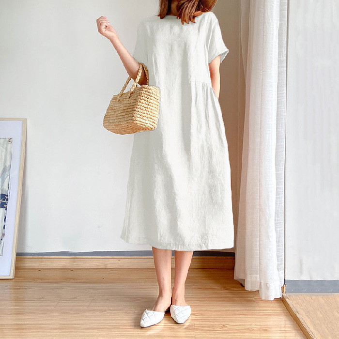 Solid Color Cotton Linen Loose Mid-Length Dress