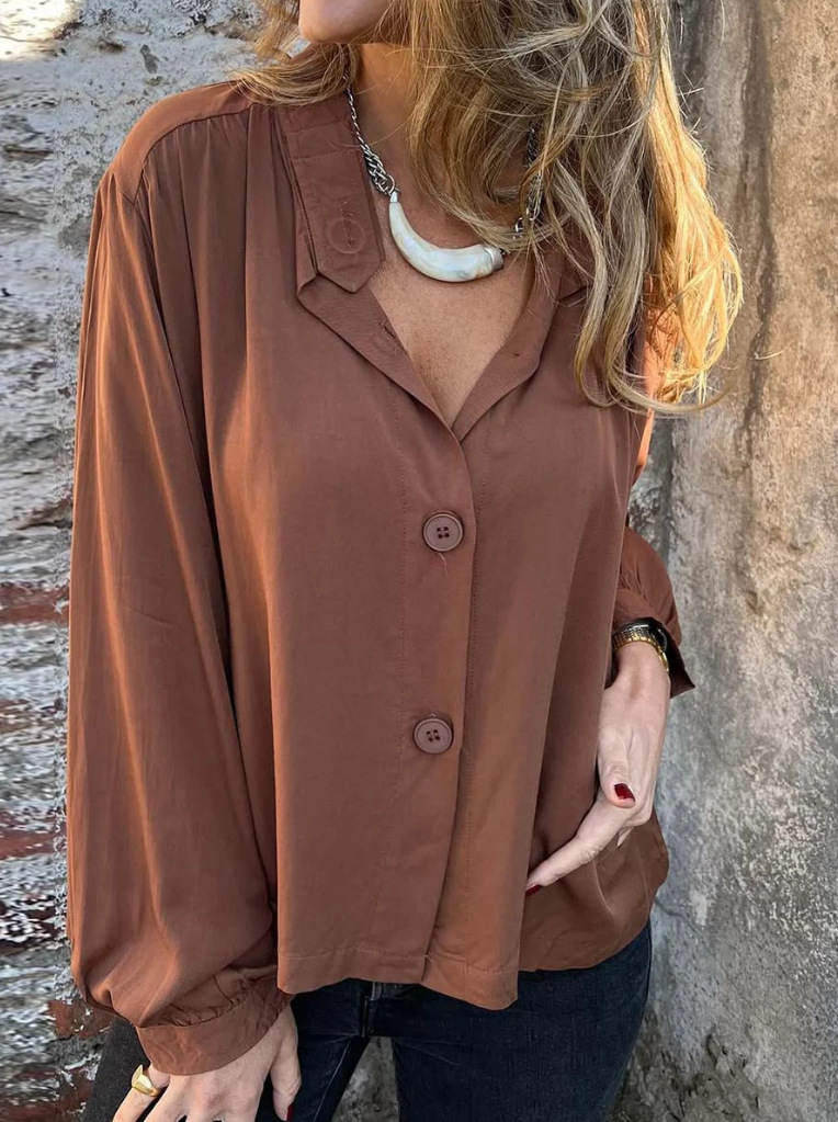 Stand Collar Linen Long Sleeved Shirt With Large Buttons
