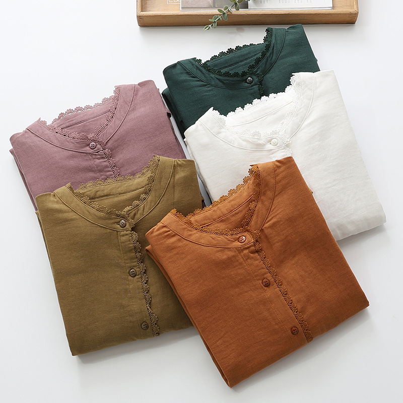 Double Cotton Stand Collar Lace Shirt