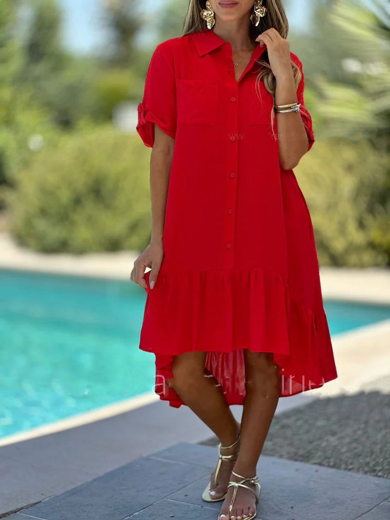 Solid Color Hemline Lapel Pocket Dress