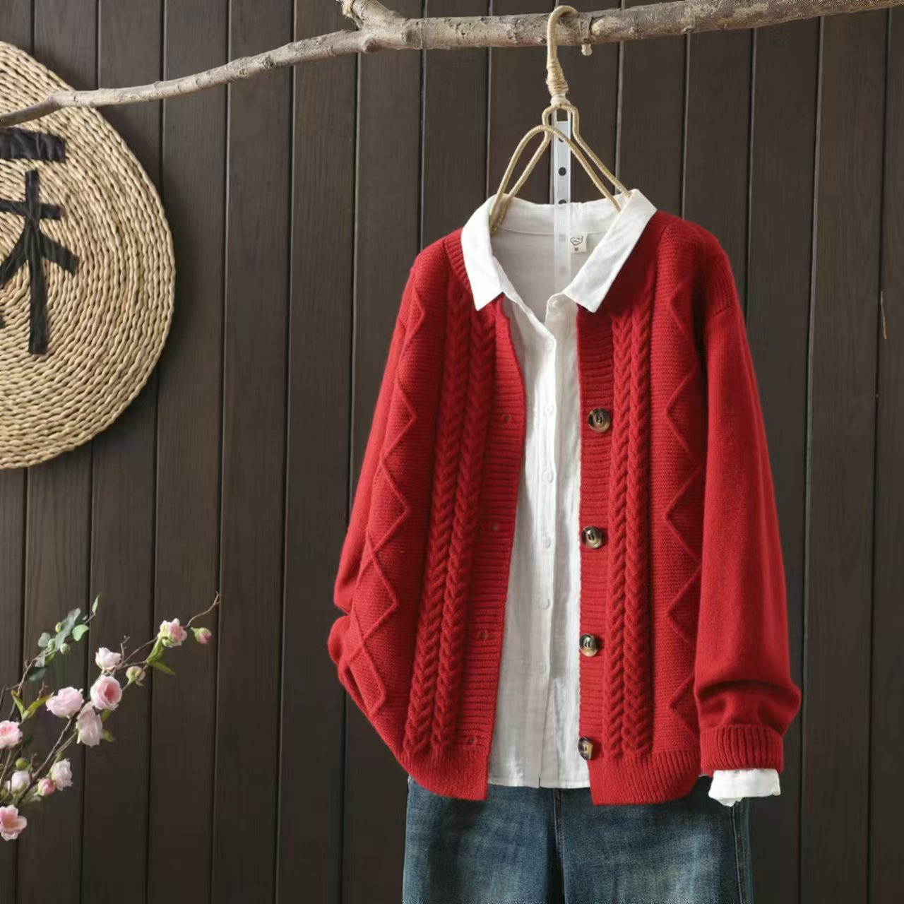 Jacquard knit cardigan button sweater