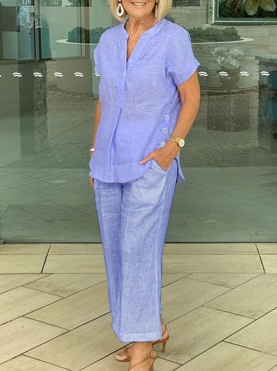 V-Neck Button-Off Casual Cotton And Linen Two-Piece Set