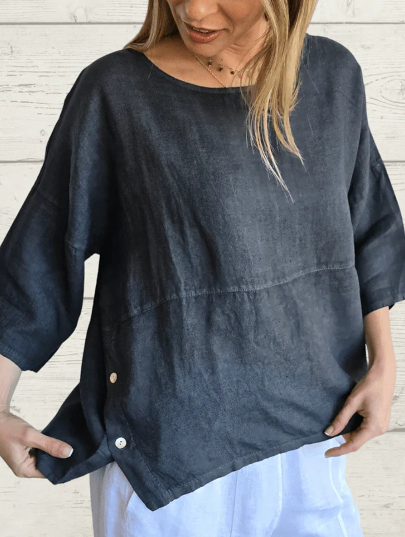 2025 🔥Casual Round Neck Cotton and Linen Button Down Loose Shirt