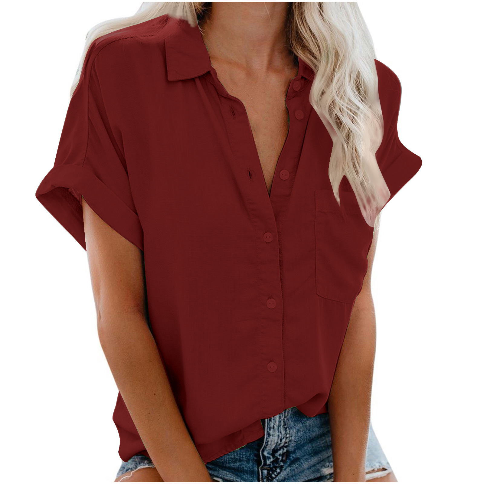 Cross-Border Exclusive For 2019 Summer Women'S Clothing Ebay Amazon Hot Short-Sleeved Women'S Lapel Button-Up Shirt Top 1918
