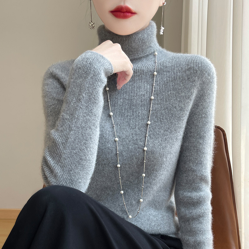Ready-To-Wear Turtleneck Bottoming Shirt Seamless Striped Autumn And Winter One-Line Sweater New Pile Collar Women'S Sweater Slim Gray