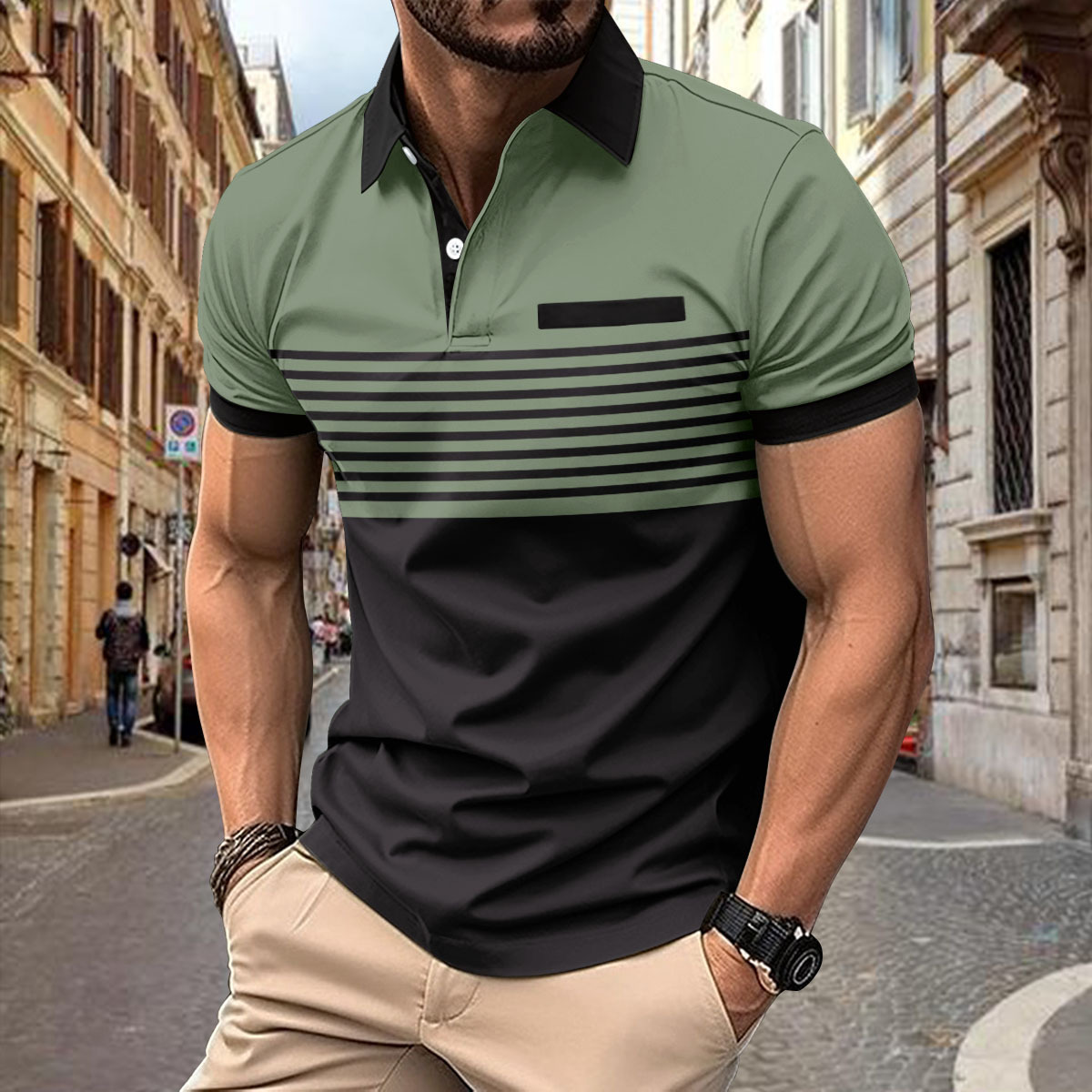 2025 V-neck striped patchwork POLO shirt