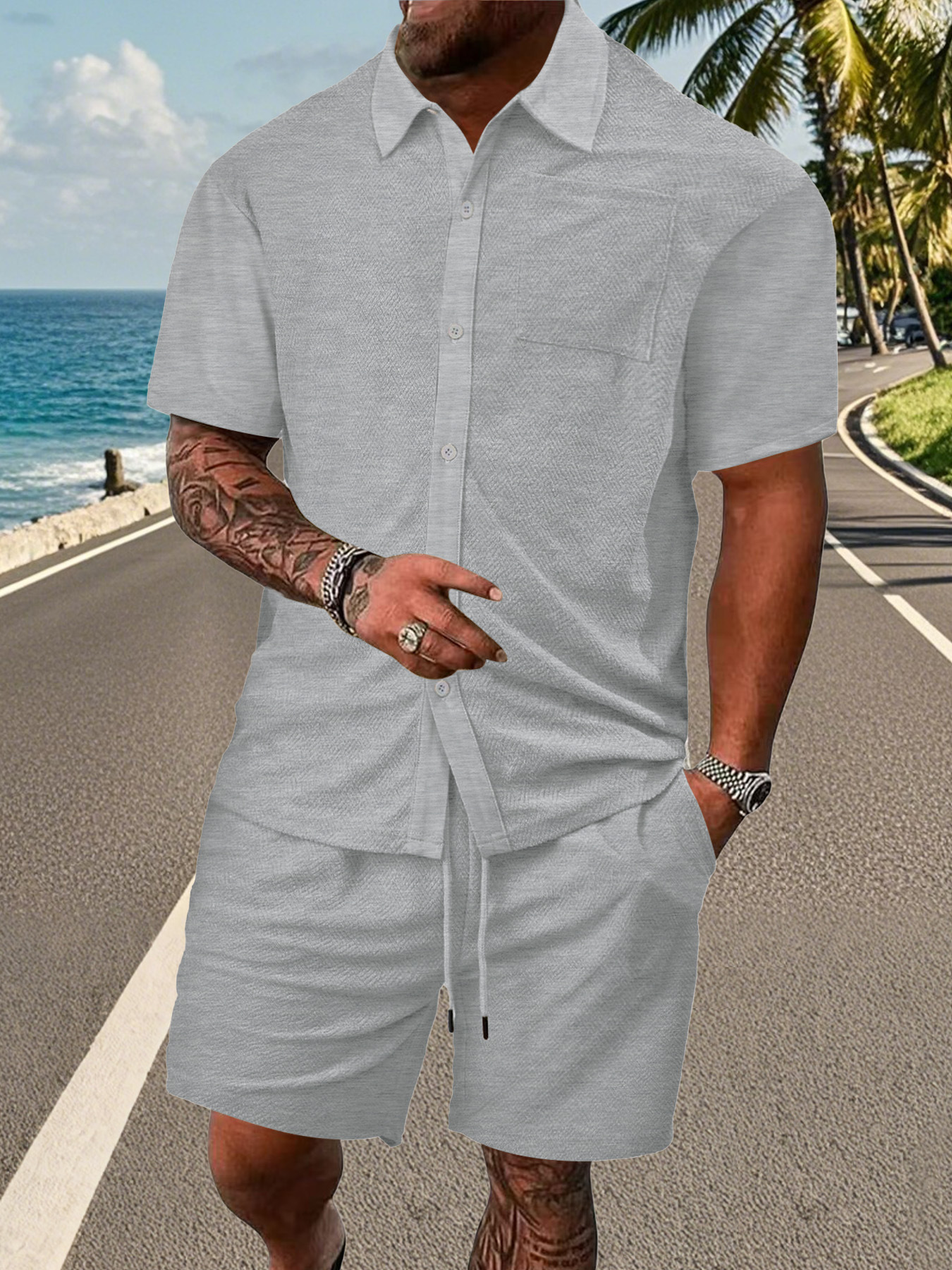Solid Color Button-Cross Jacquard Short Sleeve Suit