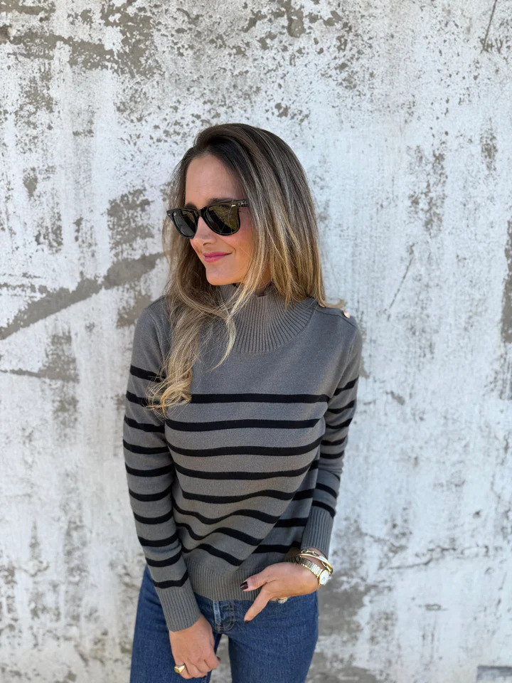 2025 New🔥Casual Loose Striped High Neck Button Women's Knitted Sweater Top