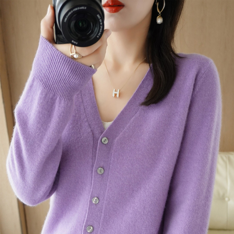 Women's Solid Color Long Sleeve Knitted  V-Neck Korean Style Cashmere Cardigan Jacket