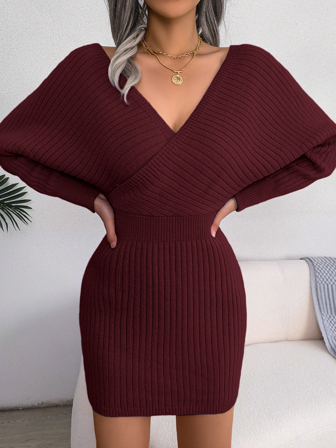 2025 V-neck cross-over batwing sleeve bodycon sweater dress