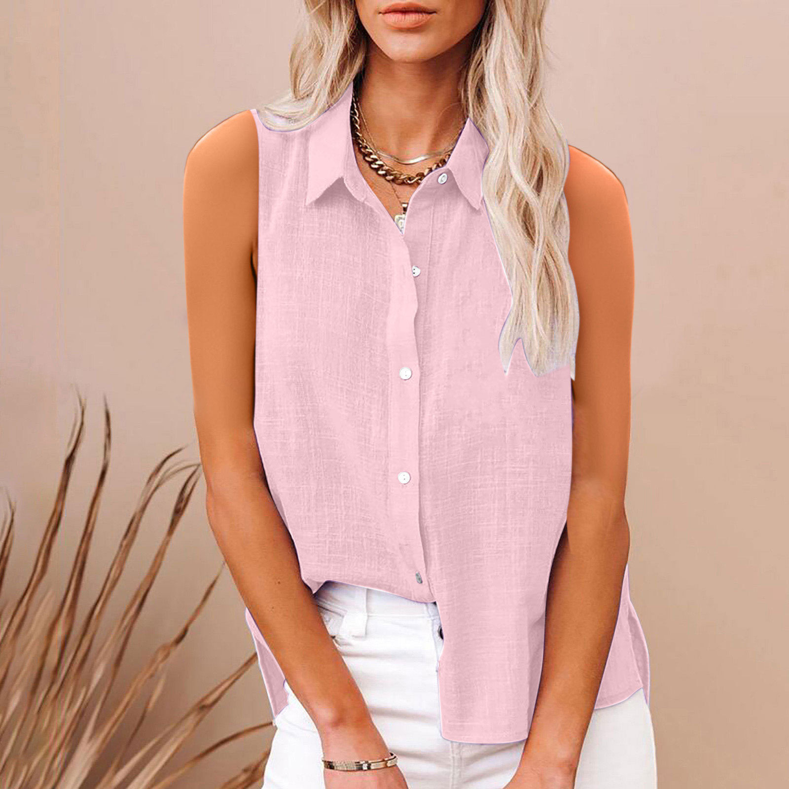 Cotton and Linen Button-Down Sleeveless Shirt