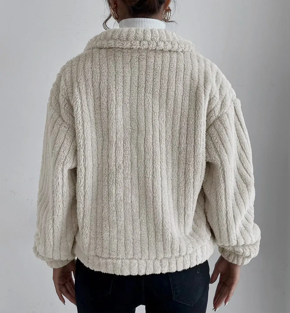 SHORT JACKET LAPEL ZIPPER WINTER COAT WARM PLUSH FLEECE ZIPPER CASUAL COAT TOP WITH POCKET
