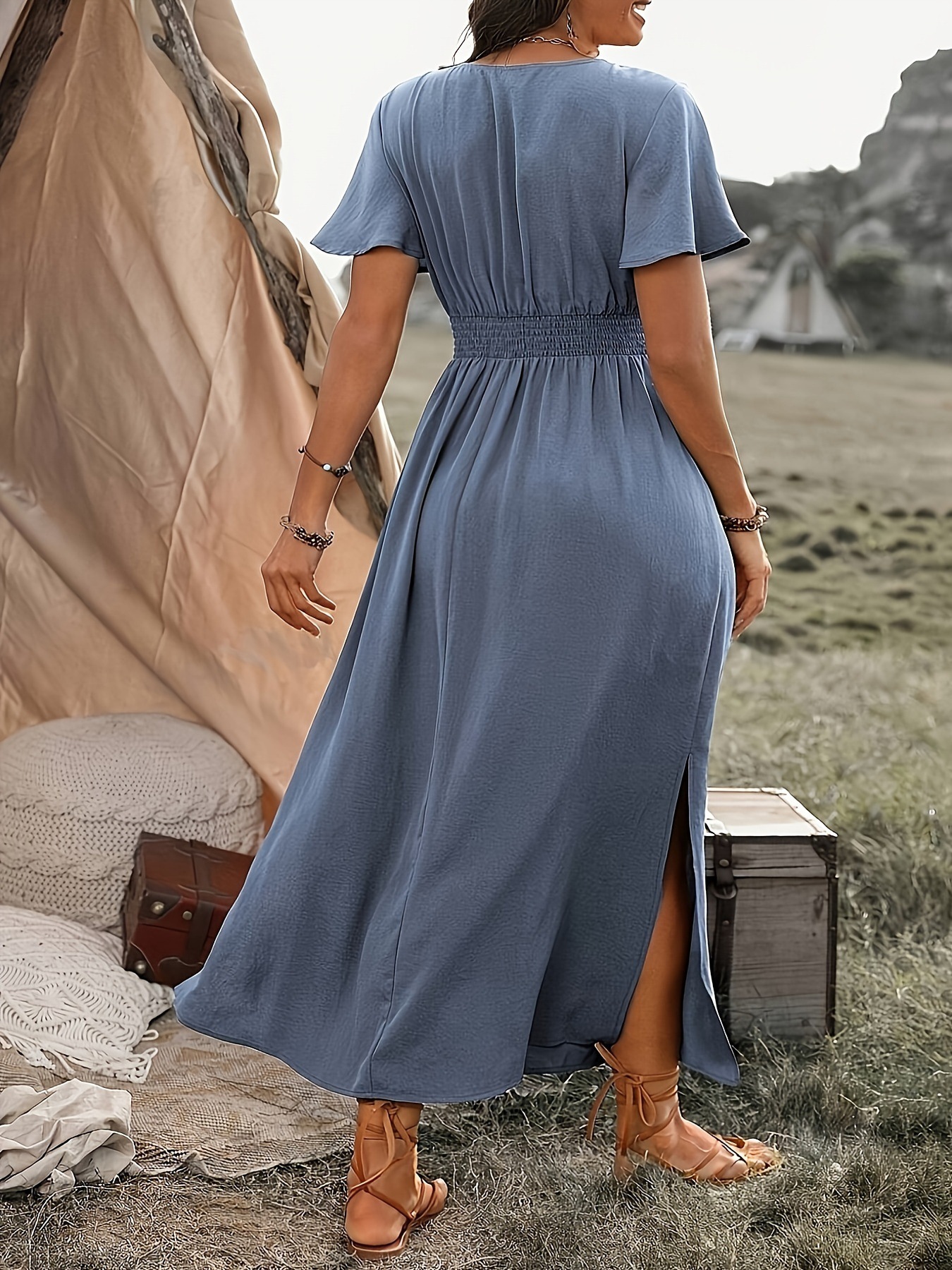 A V-Neck, Flared Sleeve And Slit Long Dress