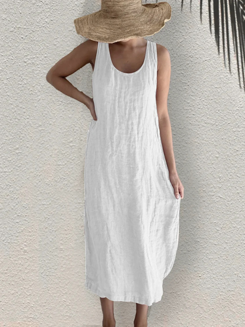 Cotton and Linen Round Neck Loose Sleeveless Dress