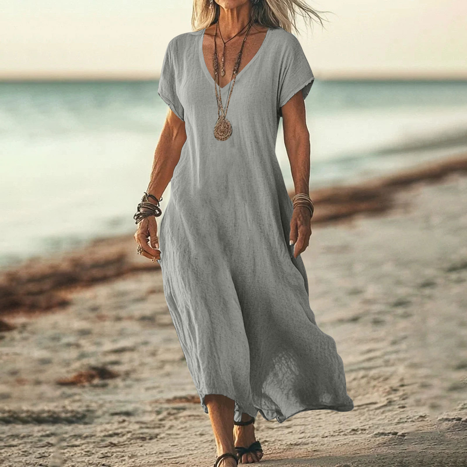 Cotton Linen V-Neck Slits Loose Dress