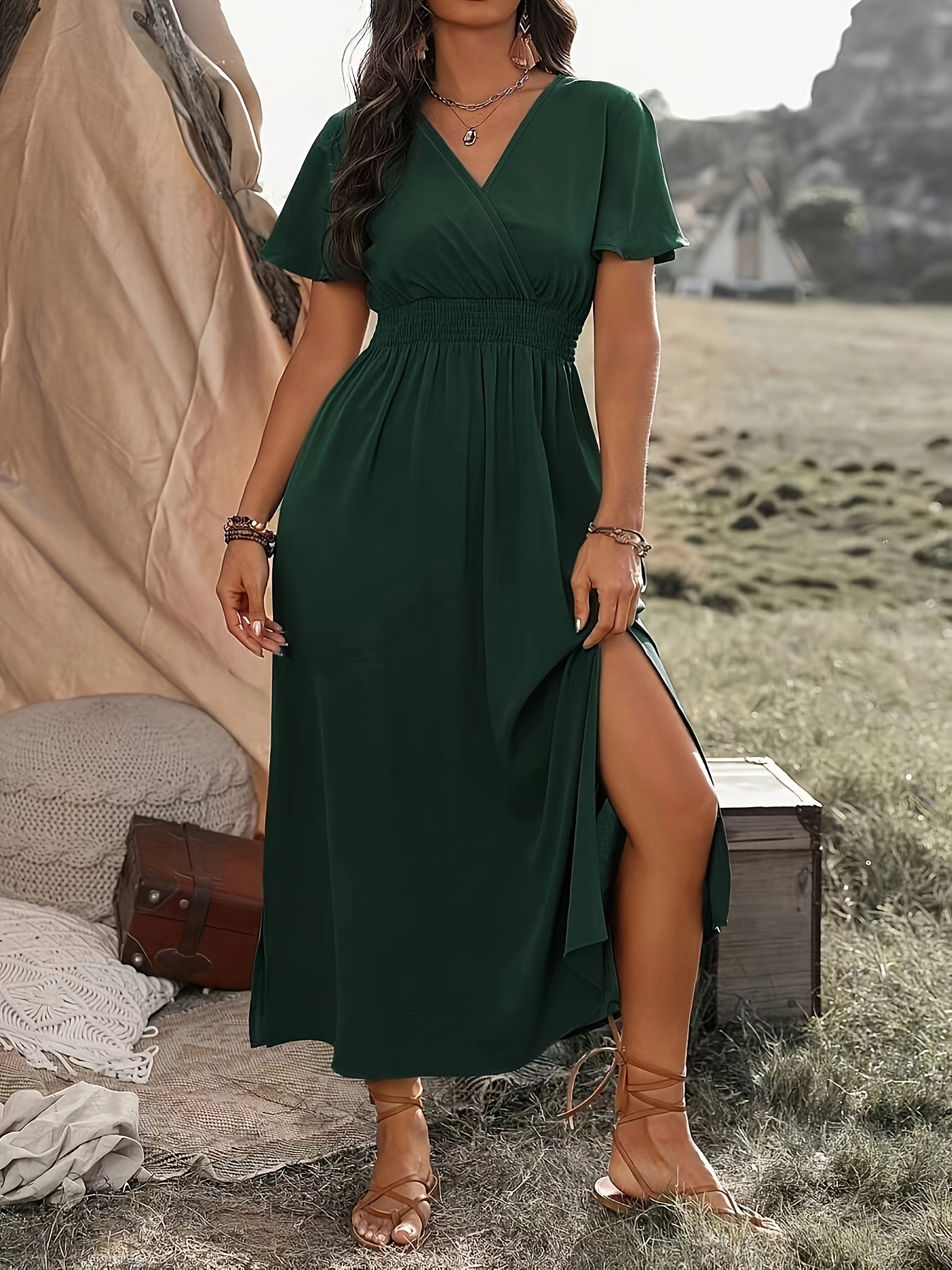 A V-Neck, Flared Sleeve And Slit Long Dress