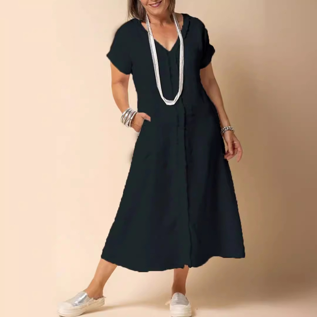 Cotton And Linen Casual V-Neck Pocket Dress