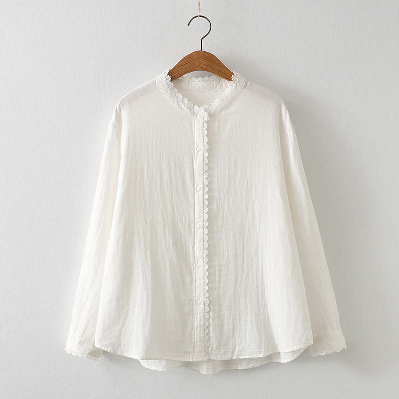 Double Cotton Stand Collar Lace Shirt